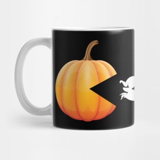 Funny Pumpkin Chasing Ghosts - Retro Video Game Mug